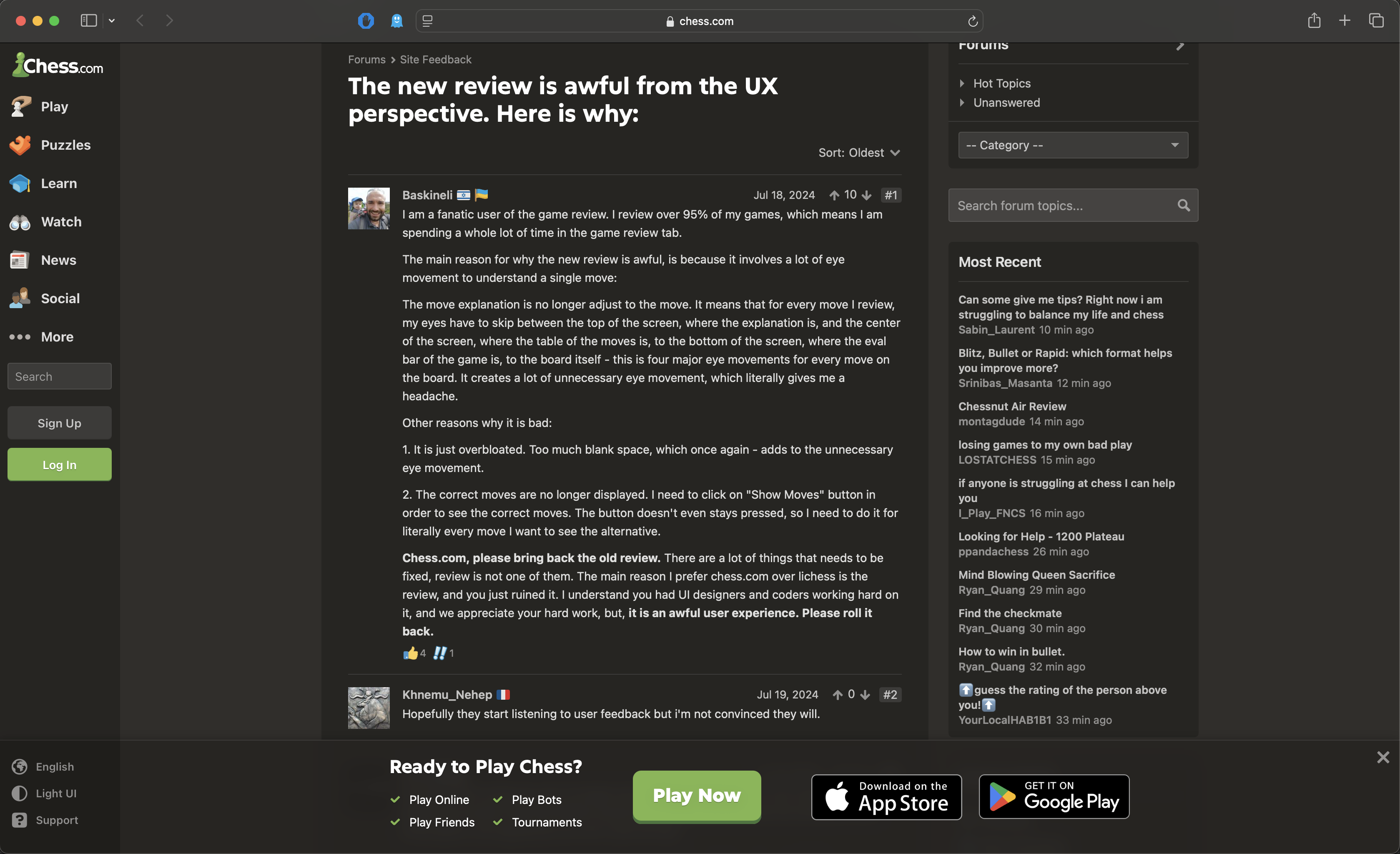 Long YouTube comment from user detailing negative experience with Chess.com onboarding